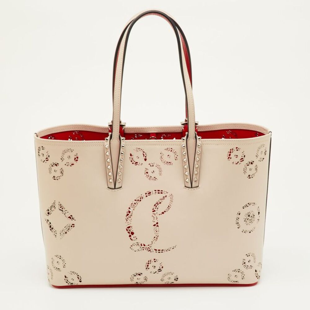 Christian Louboutin Cabata Small Beige Perforated Leather Spikes Shopper Tote - Picture 4 of 7